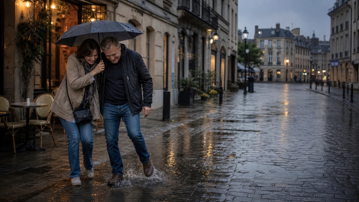 Two travellers walking together under an umbrella on a rainy European street.