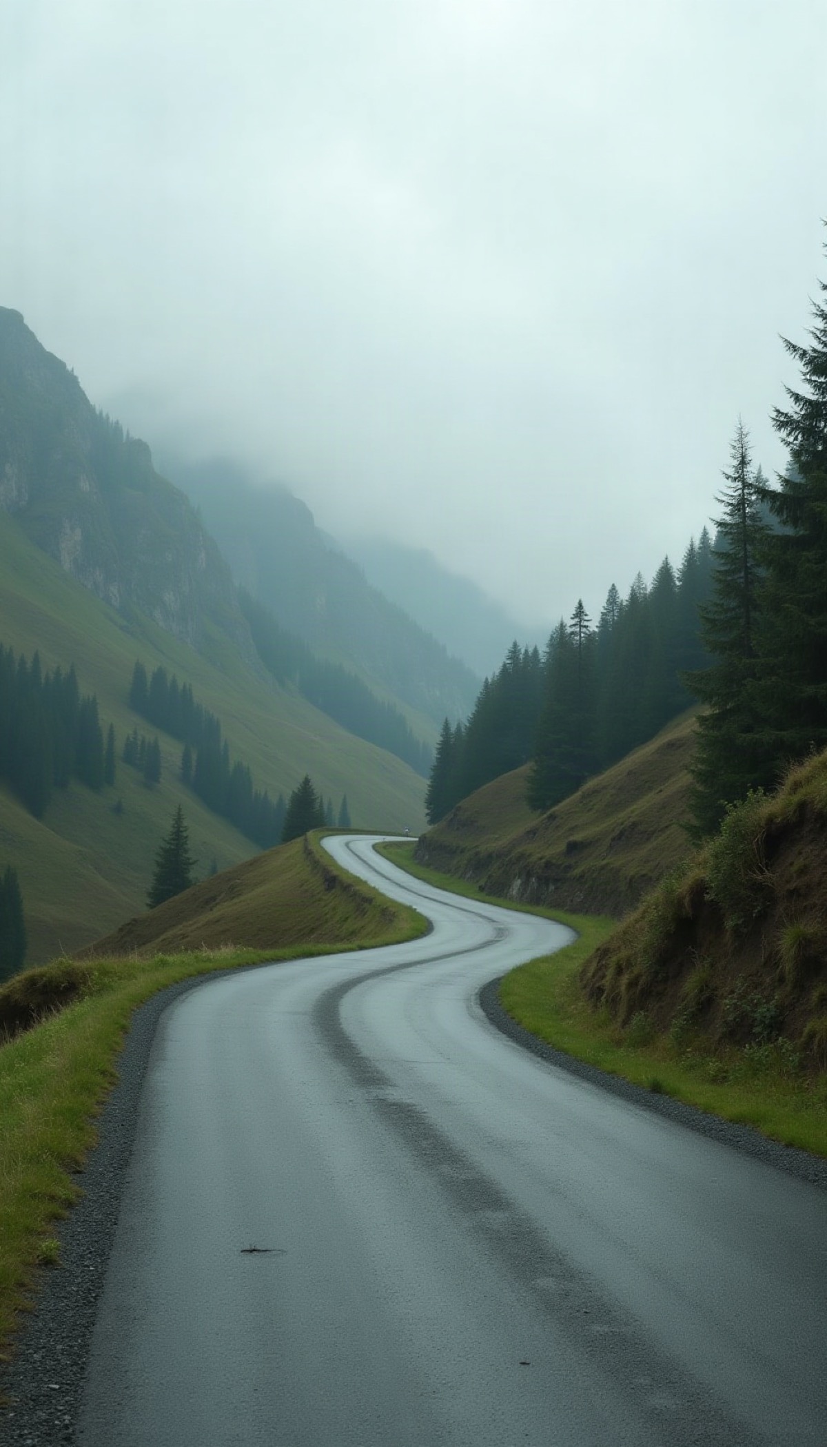 A quiet winding road through a misty green mountain valley.