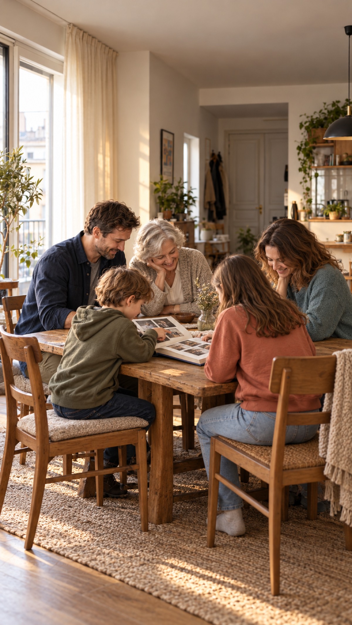 A family looking through a photo album together at a table.
