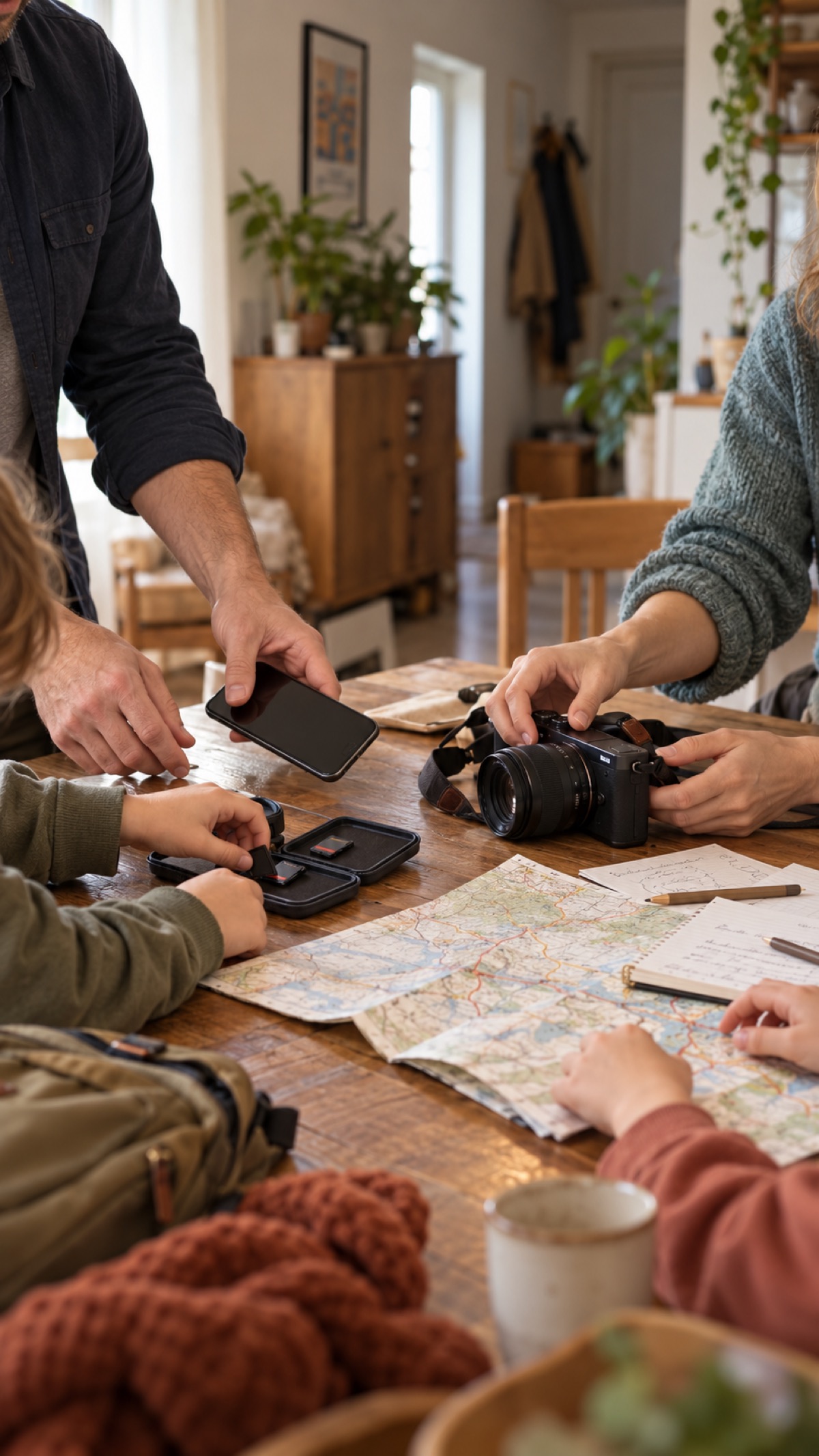 Family hands gathering a phone, camera, memory cards, and maps around a table.
