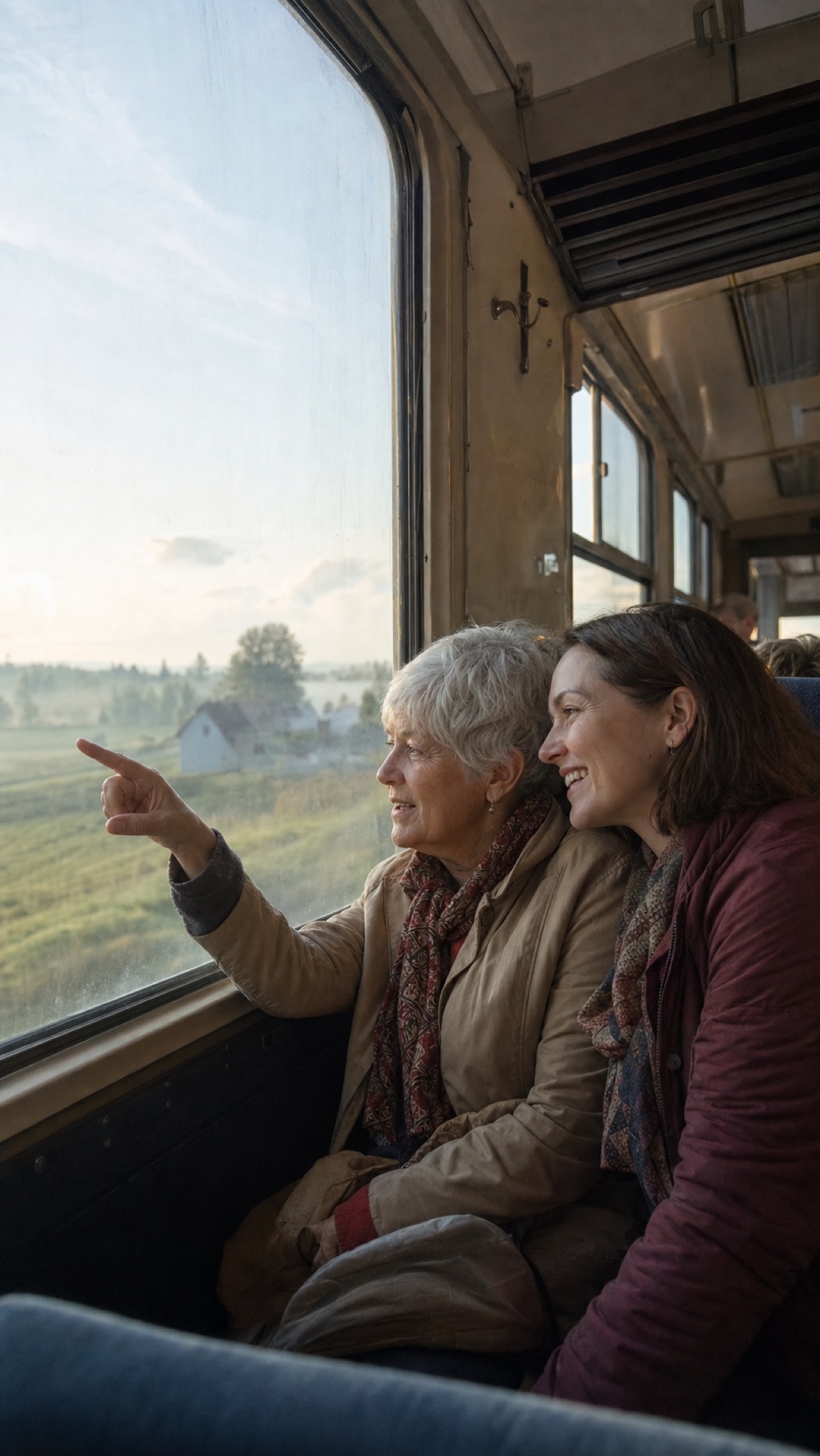 Two travellers looking out of a train window at the countryside.