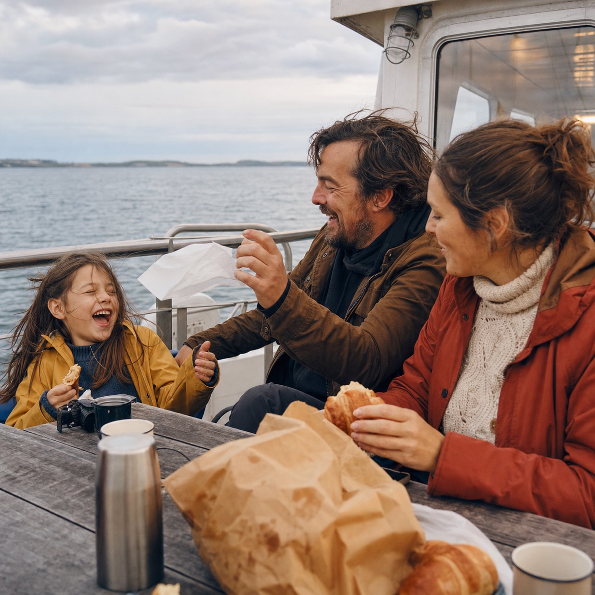 A family sharing a relaxed moment on a ferry, with water and coastline behind them.