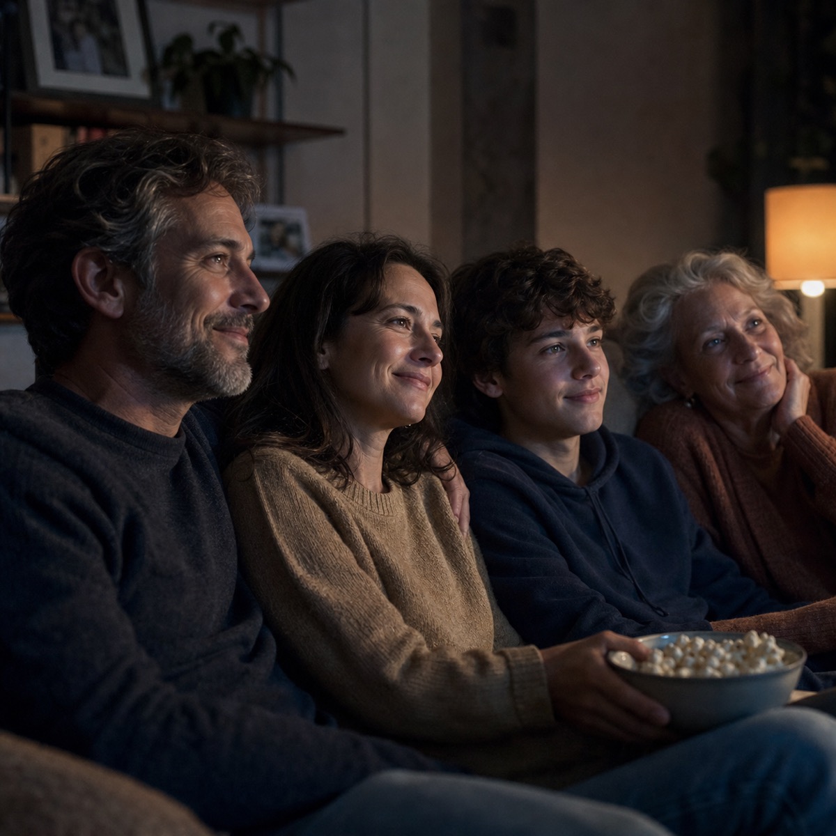 A family sitting together and watching a film at home.